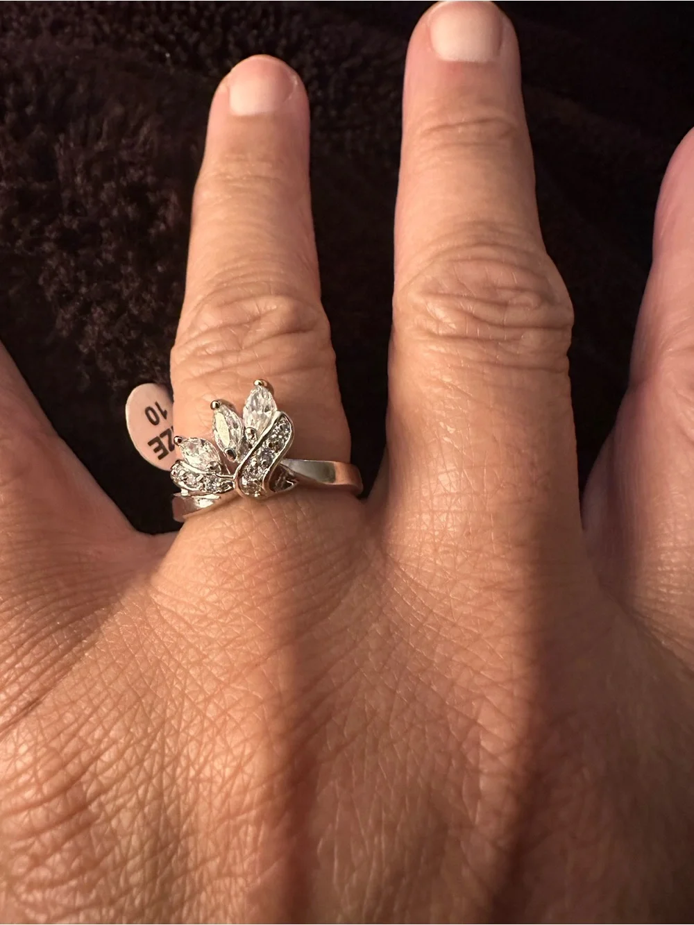 Rhodium Plated  with Cubic Zirconia Silver Crystal Leaf Ring - Clear Sparkle